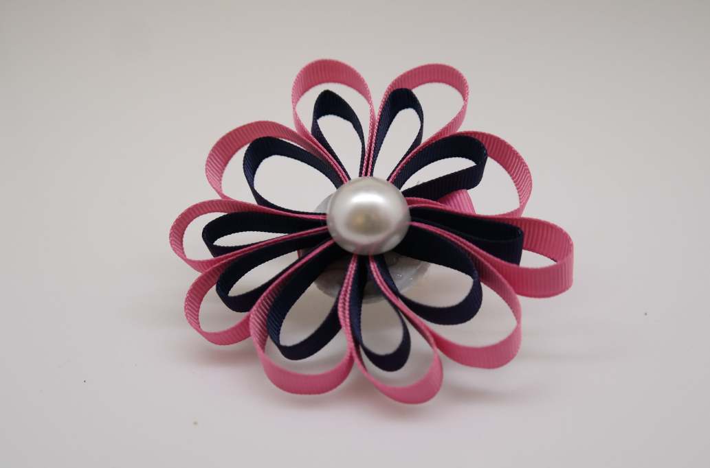 Large petal flower hair Bow with colors  Geranium Pink, Navy Blue
